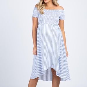 Striped Smocked Off Shoulder Maternity Hi-Low Dress